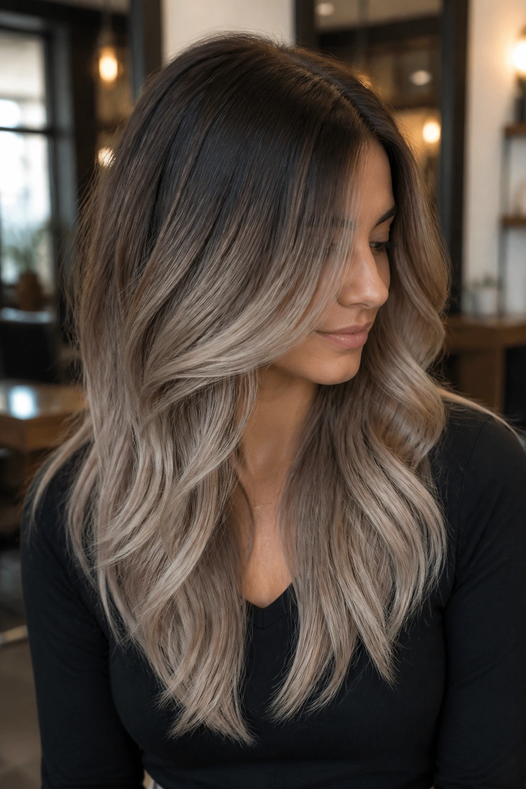 Close-up of a real person with ash balayage on V-cut hair showing layered color progression.