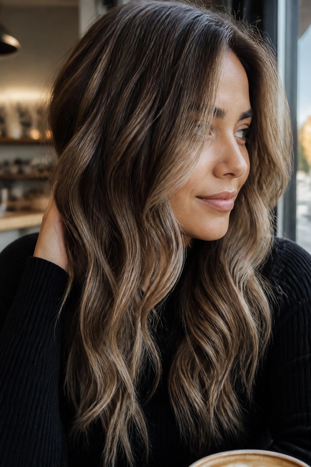 Close-up of a real woman with ash beige balayage on warm brown base