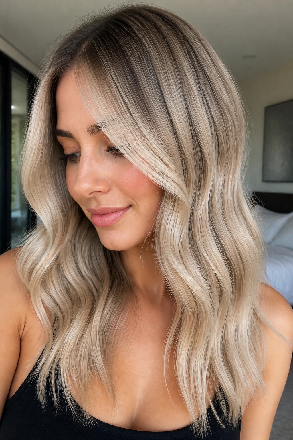 Portrait of ash beige shadow root blonde on a real woman