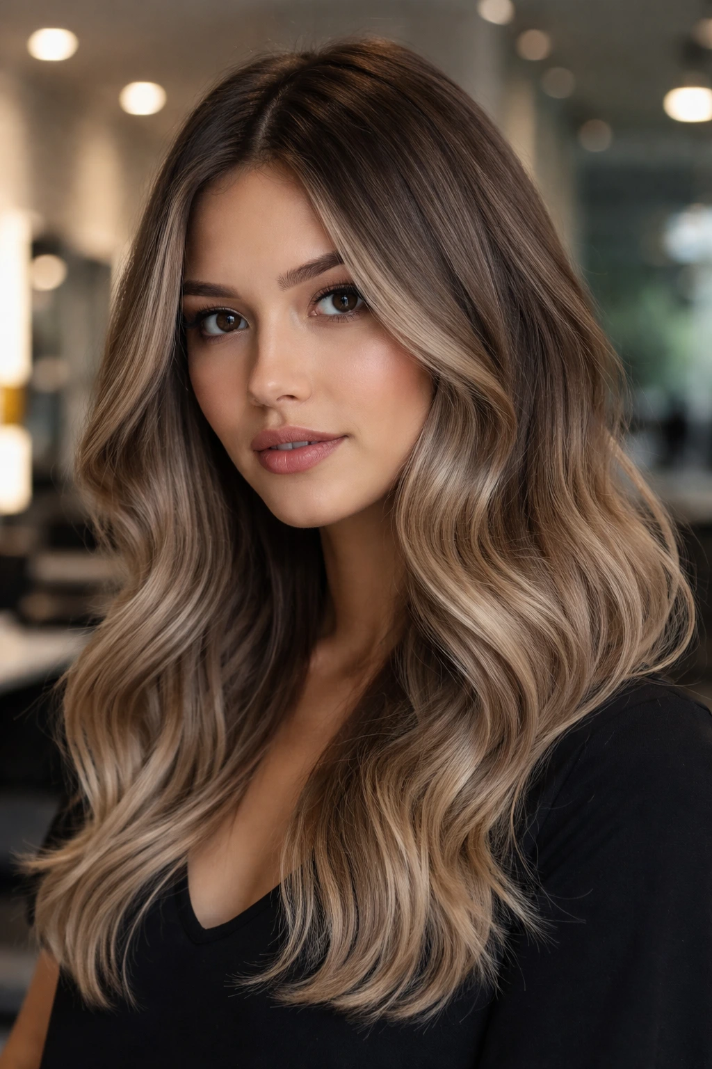 Close-up portrait of a real person with muted ash-beige balayage and cool tones.