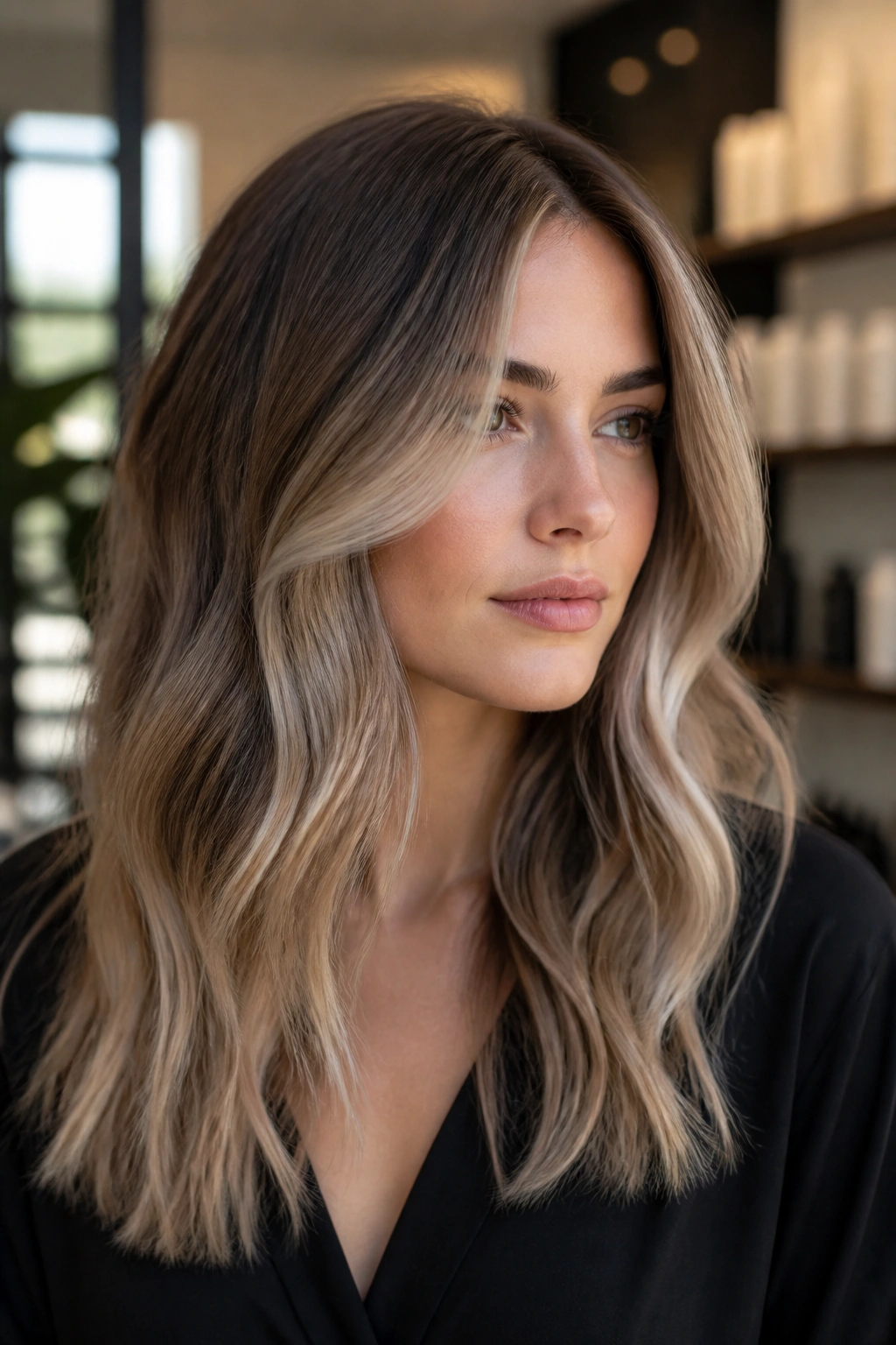 Close-up of a real woman with ash beige balayage hair in a salon setting