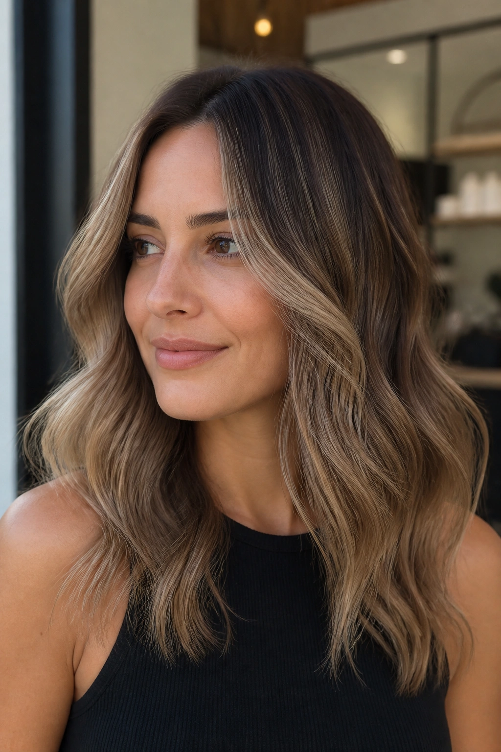 Close-up portrait of a woman with ash beige balayage on medium brunette hair.