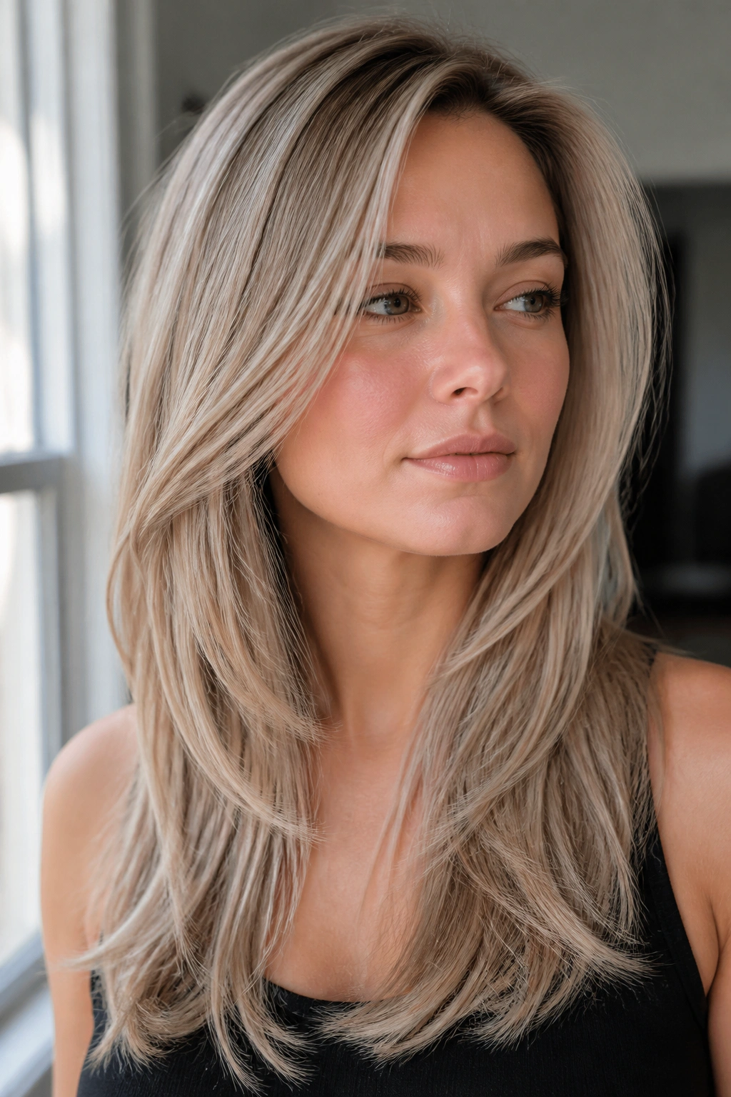 Portrait of woman with ash beige blonde and long layered cut