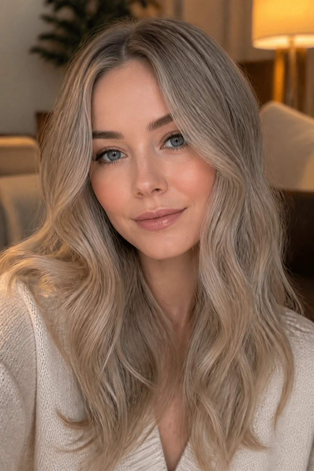 Portrait of a person with ash beige blonde hair softening cool skin tones