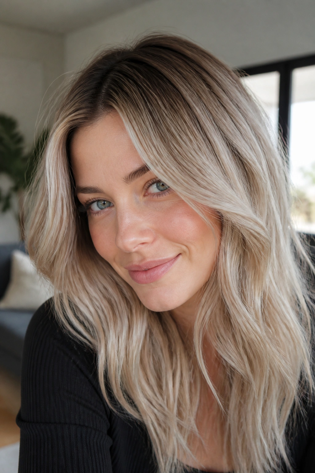 Portrait of a real woman with ash-beige hair and shadow root, in a softly lit room.