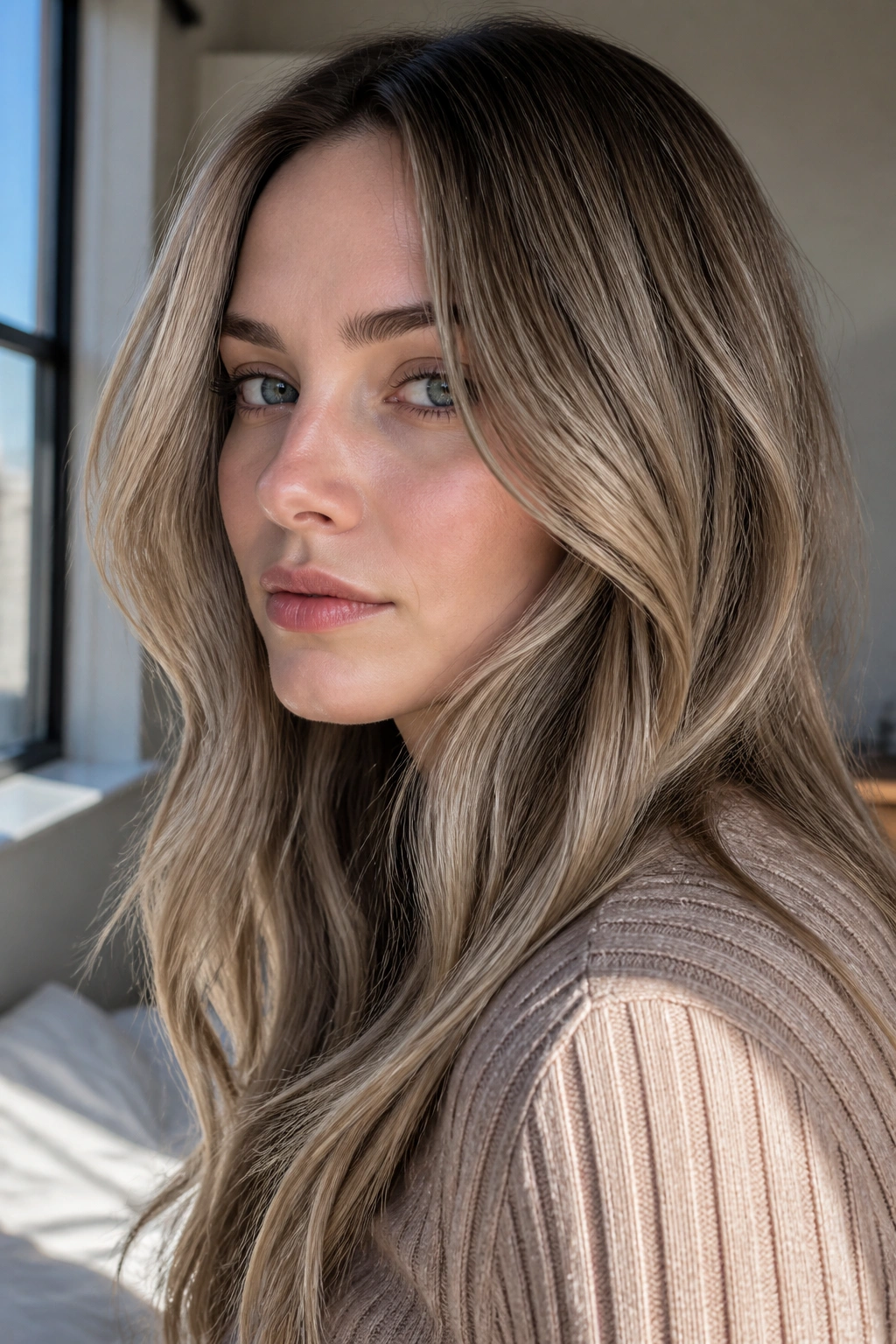 Close-up portrait of a woman with ash beige bronde hair for cool skin tones