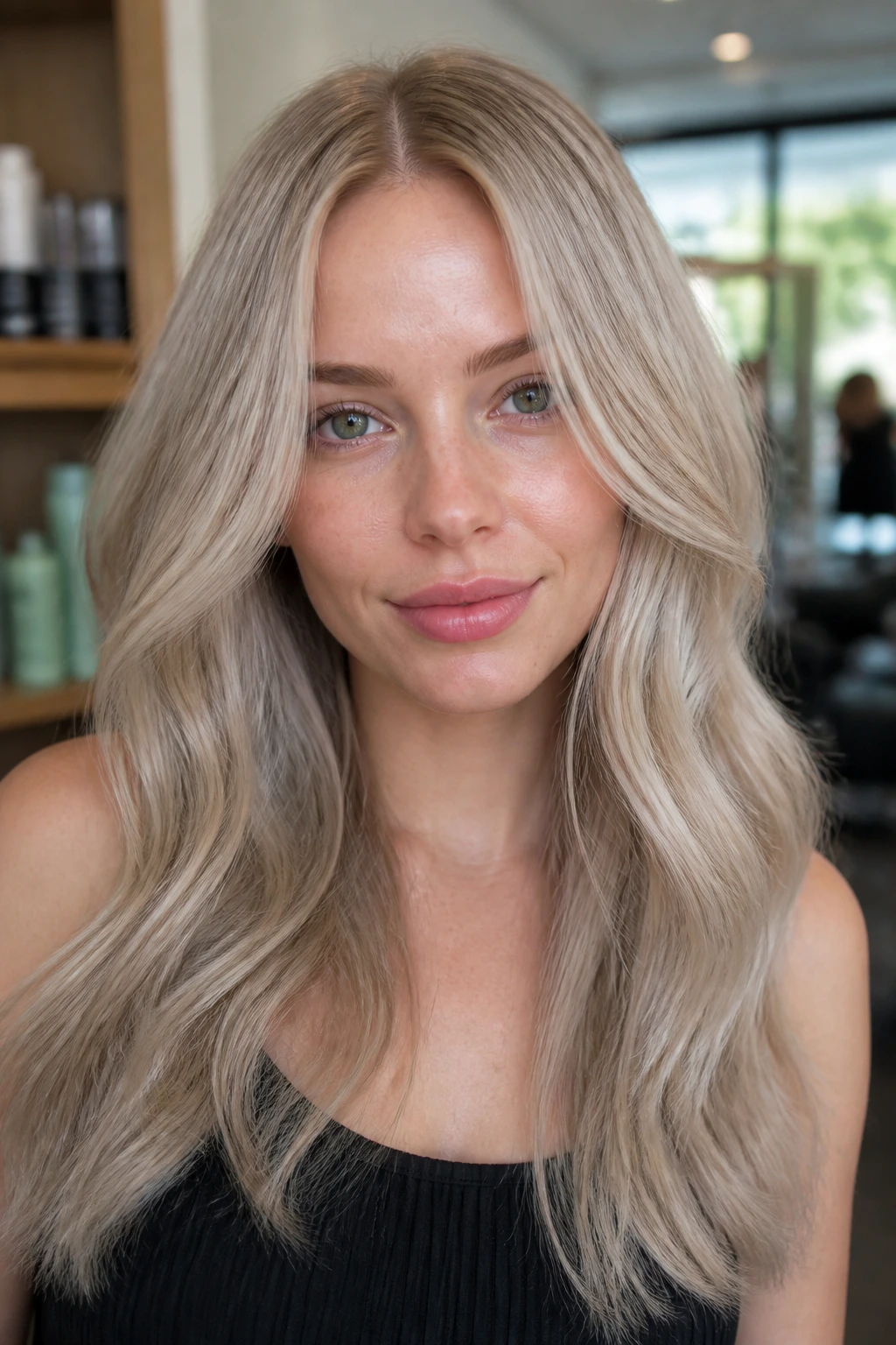 Close-up of ash-beige gloss on level 8 hair on a real person