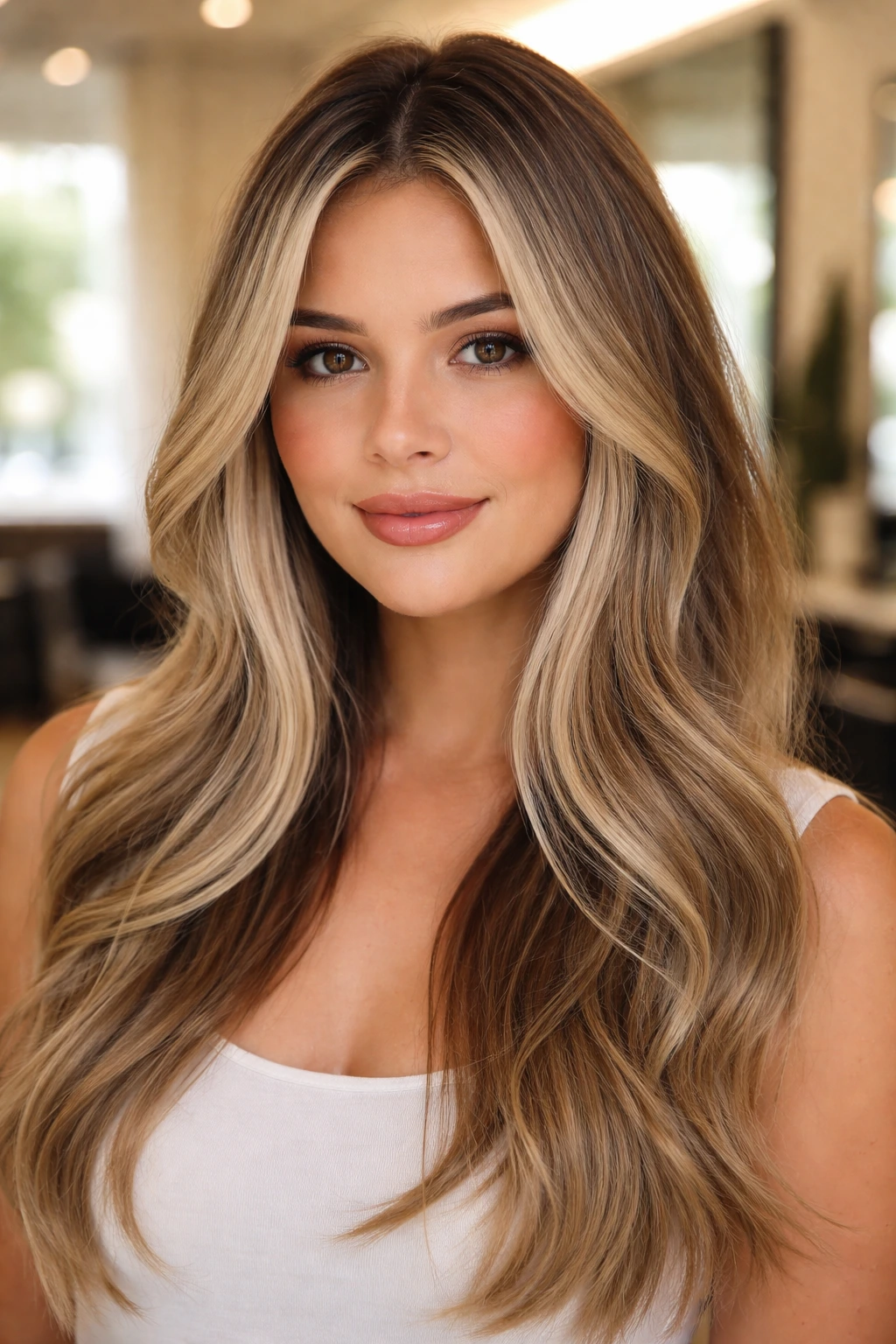 Close-up of a woman with ash beige hair framing her face and subtle lowlights