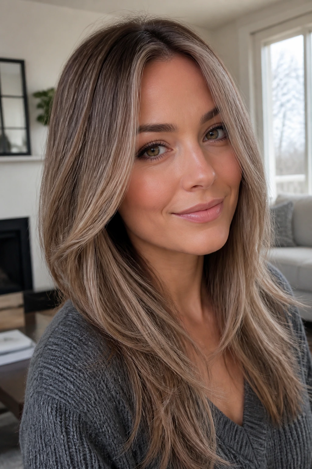 Close-up of a real woman with ash beige highlights creating a slim silhouette on round face
