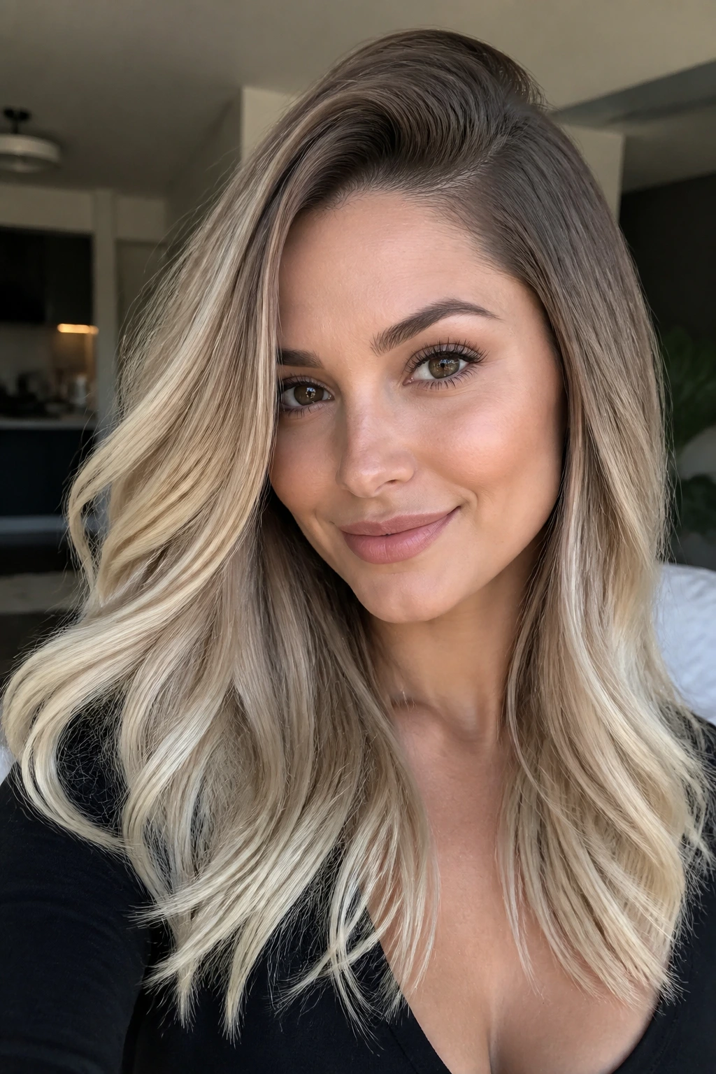Real woman with ash beige ombre and a deep side part