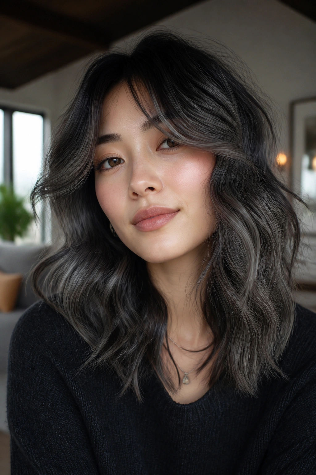 Close-up of a real woman with ash-black balayage on a wavy shag.