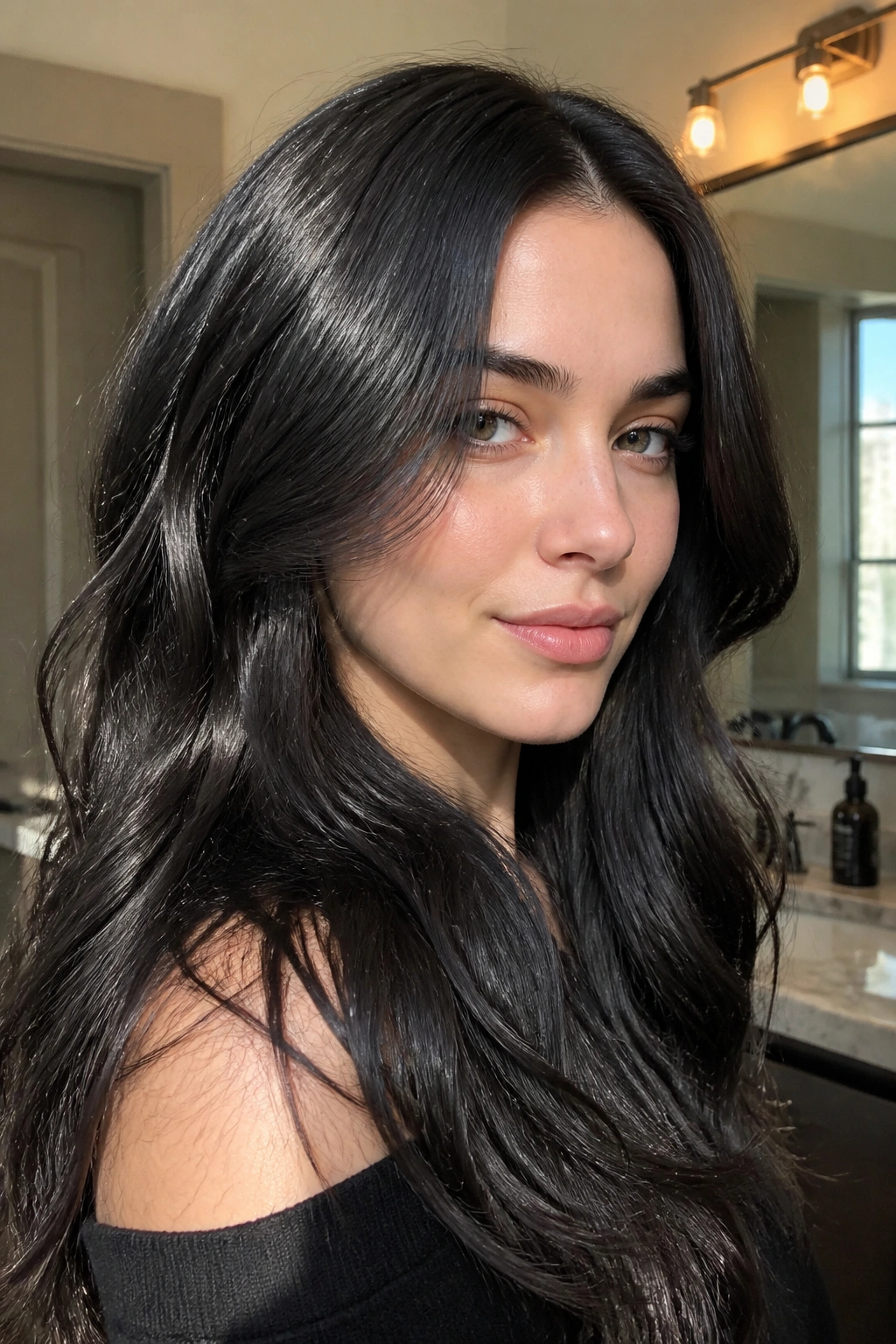 Close-up portrait of a real person with ash-black allover gloss hair and reflective shine.