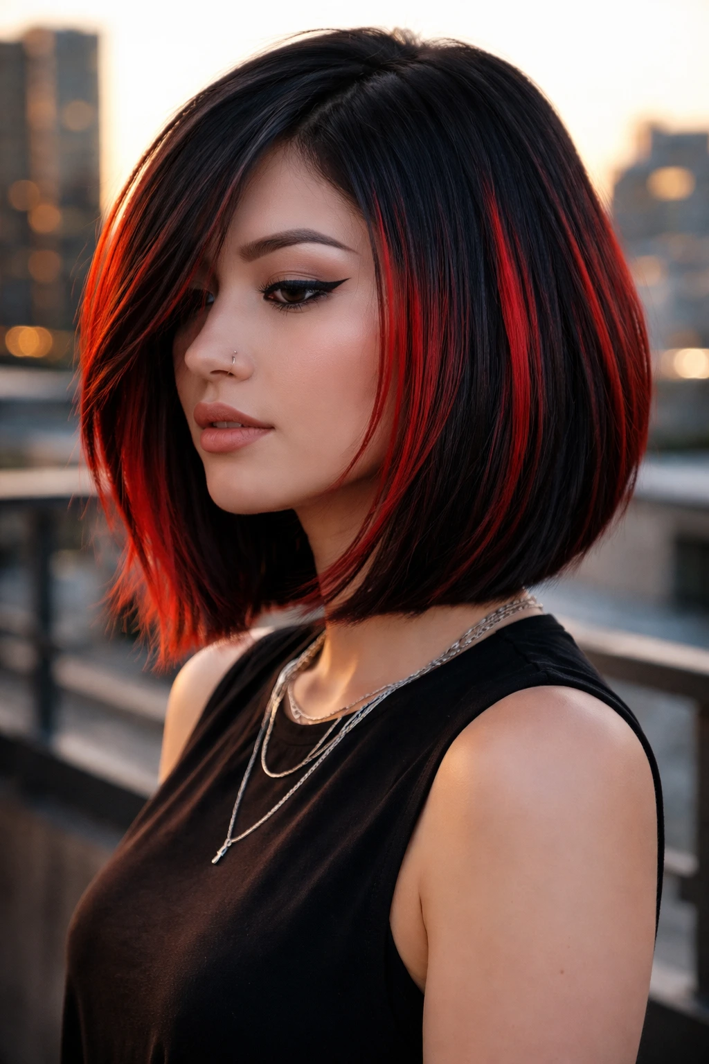Portrait of hair in ash-black with fire-engine red highlights