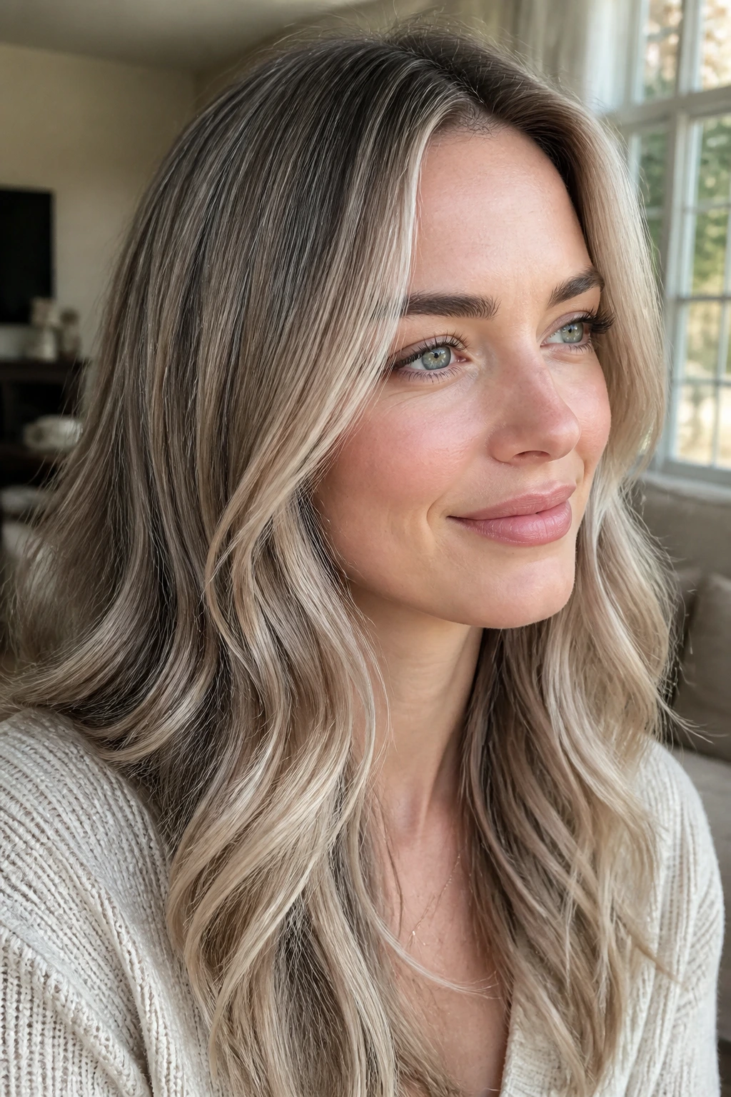 Close-up of a real woman with fine ash blonde babylights and soft shimmer