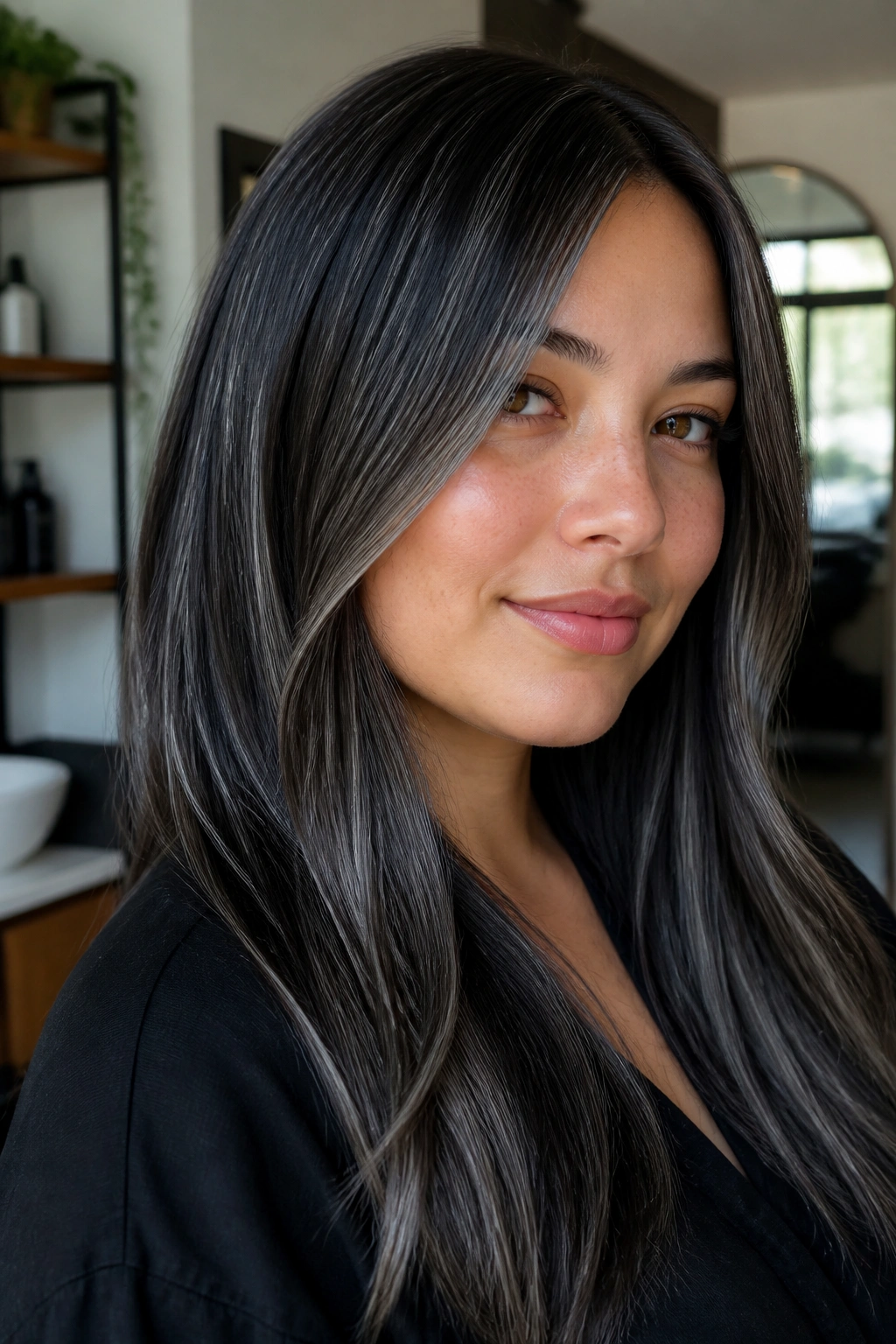 Close-up of a person with ash blonde babylights on black hair.