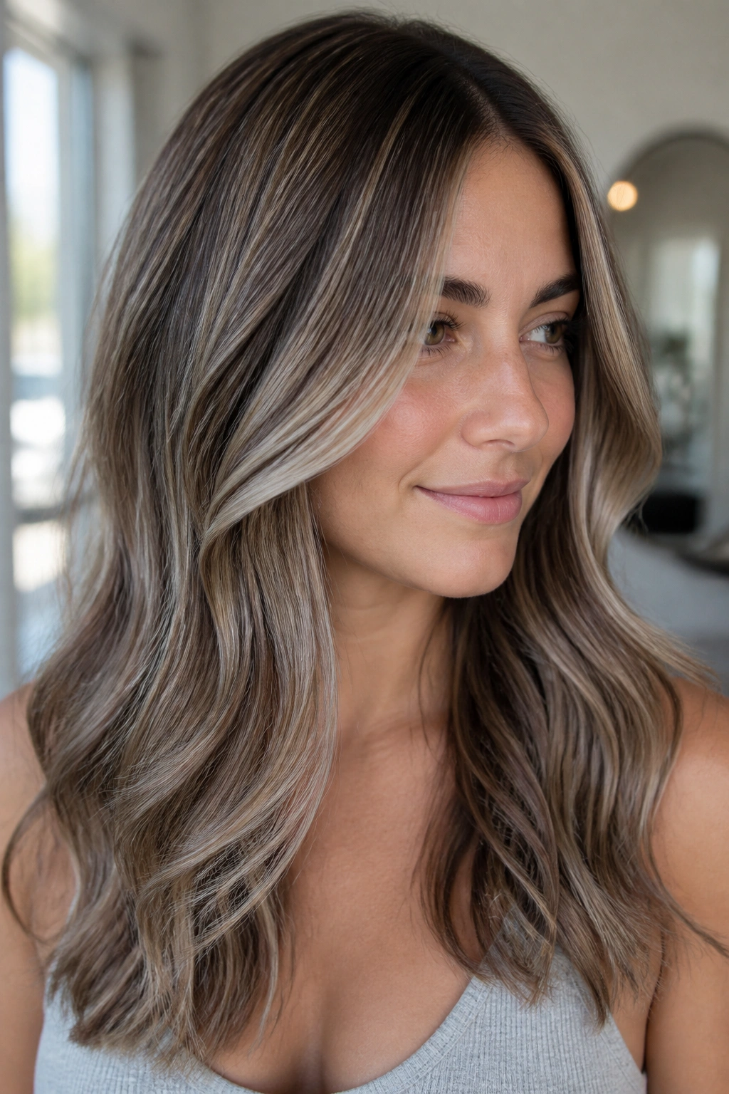 Close-up of a woman’s hair with ash blonde babylights woven through brown hair.
