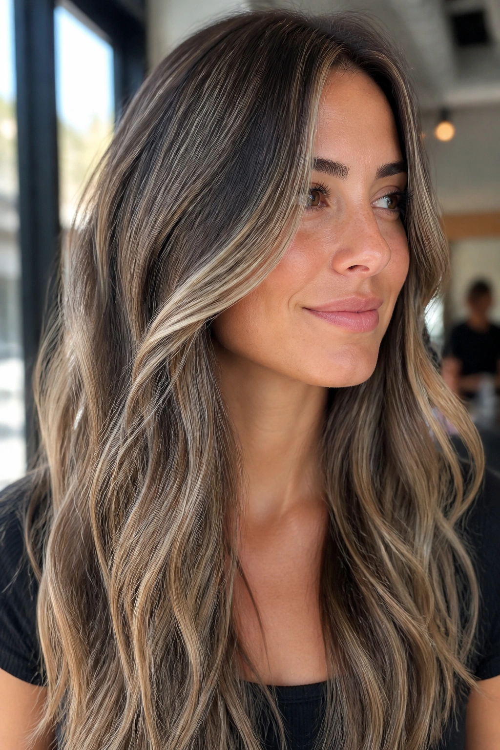 Close-up portrait of a real woman with fine ash blonde babylights in dark brown hair.