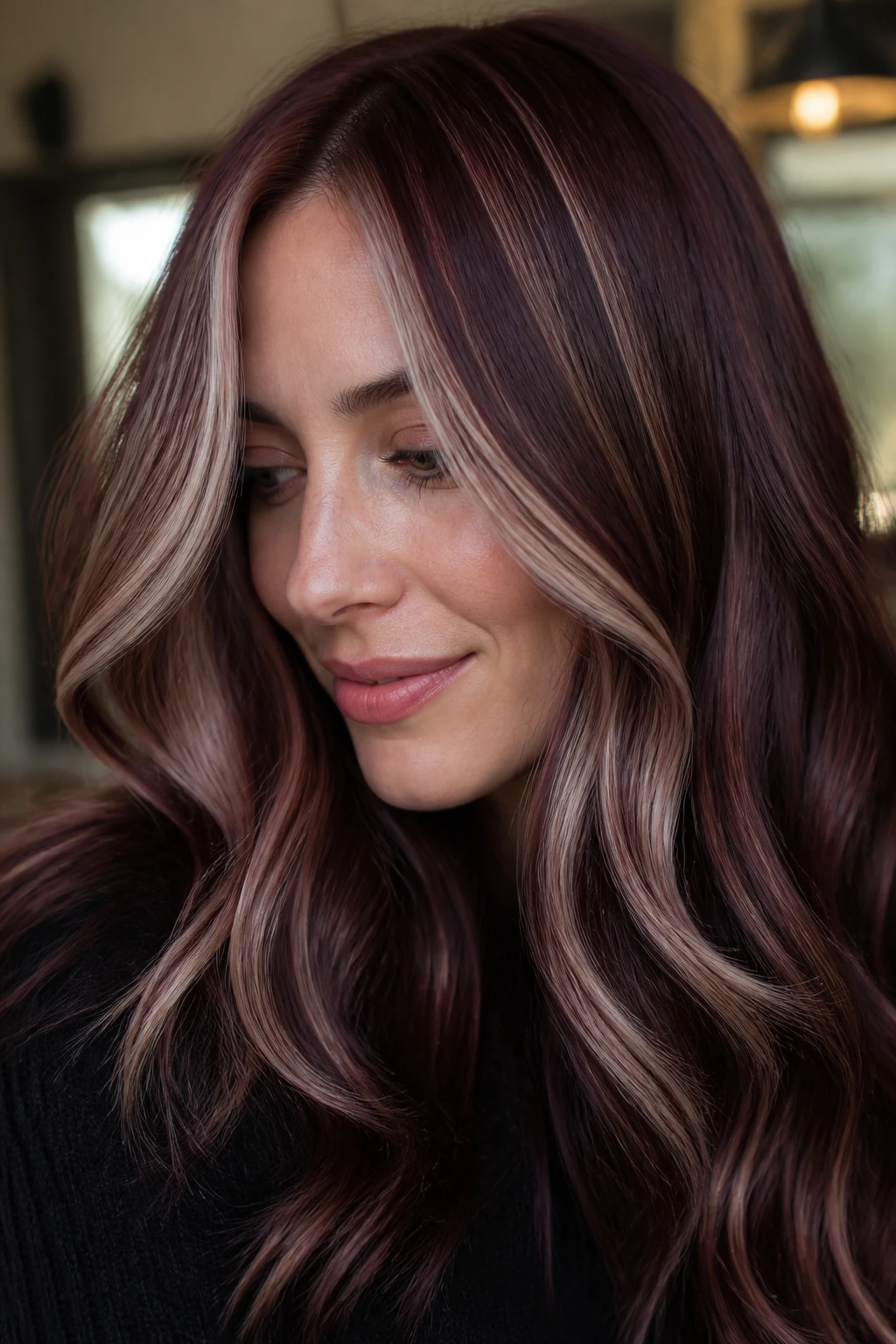 Close-up of a real woman with burgundy brown base and ash blonde babylights