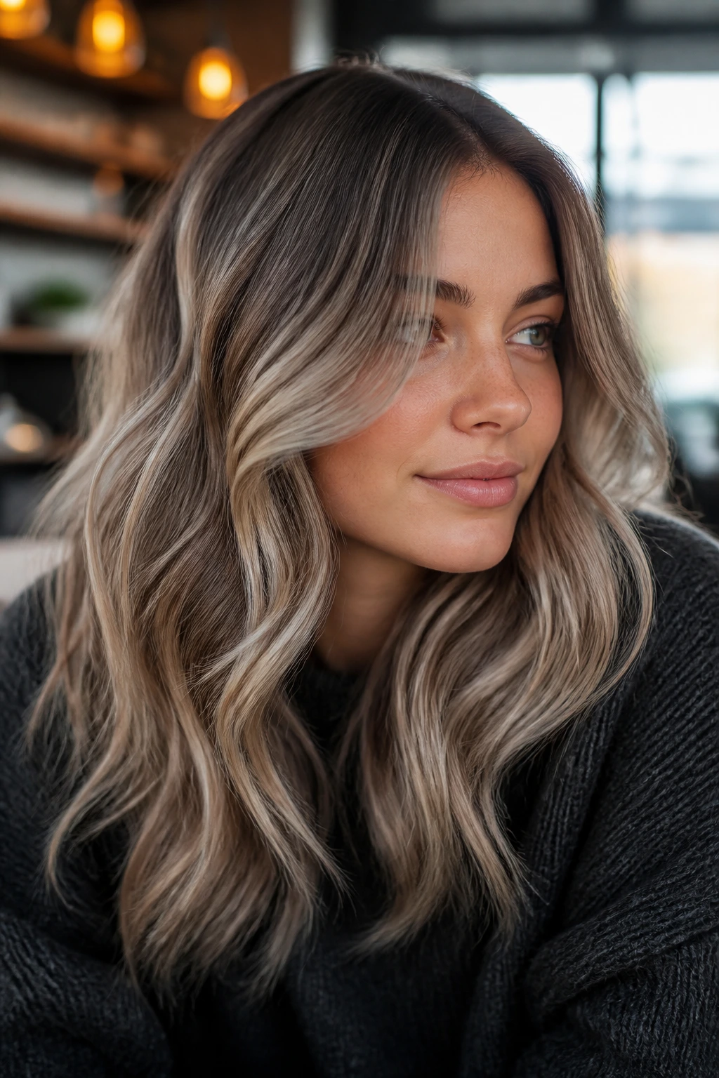 Portrait of a woman with ash blonde balayage on cool brown base in a cozy cafe setting