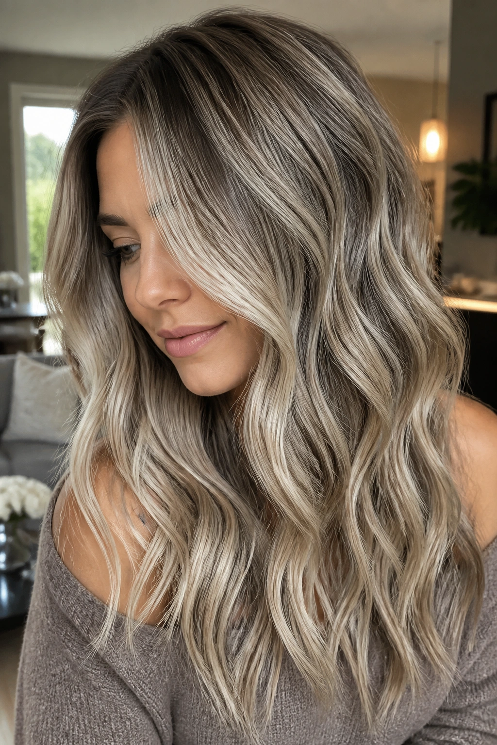 Real woman with ash blonde balayage and cool contrast in natural light