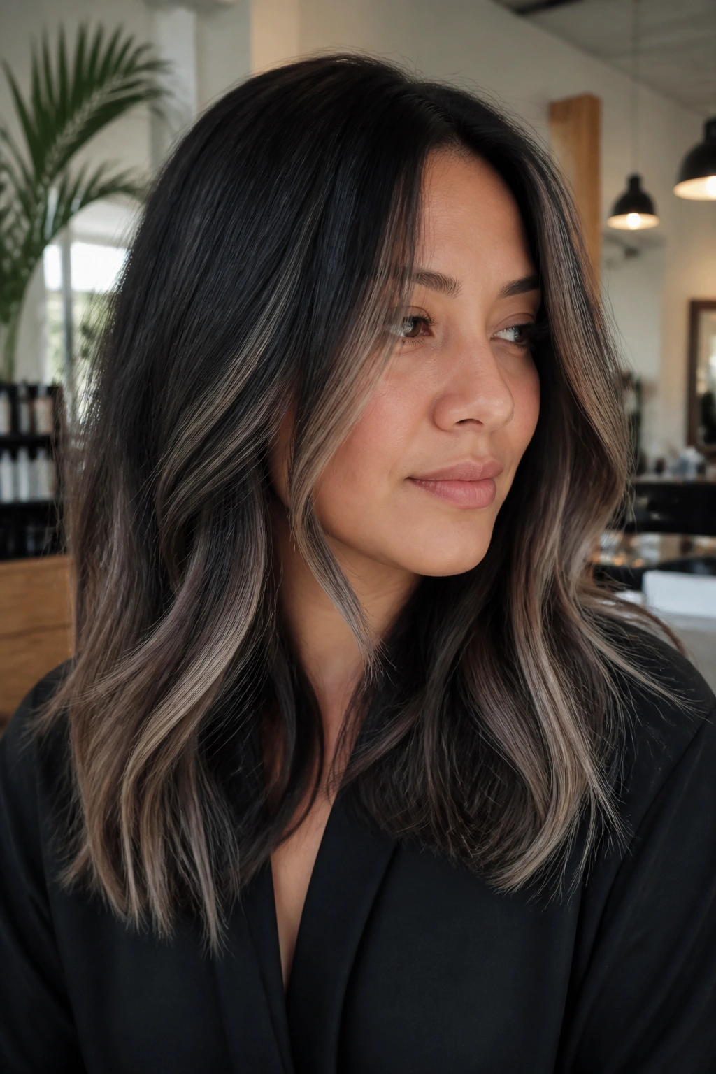Close-up of a woman with ash blonde balayage on soft black layers.