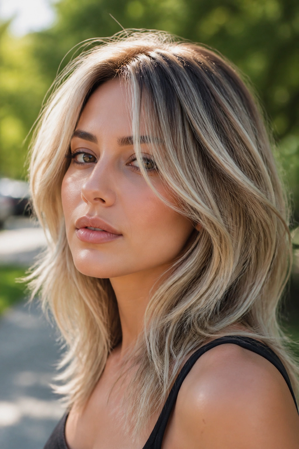Portrait of a woman with ash blonde balayage and piecey layers