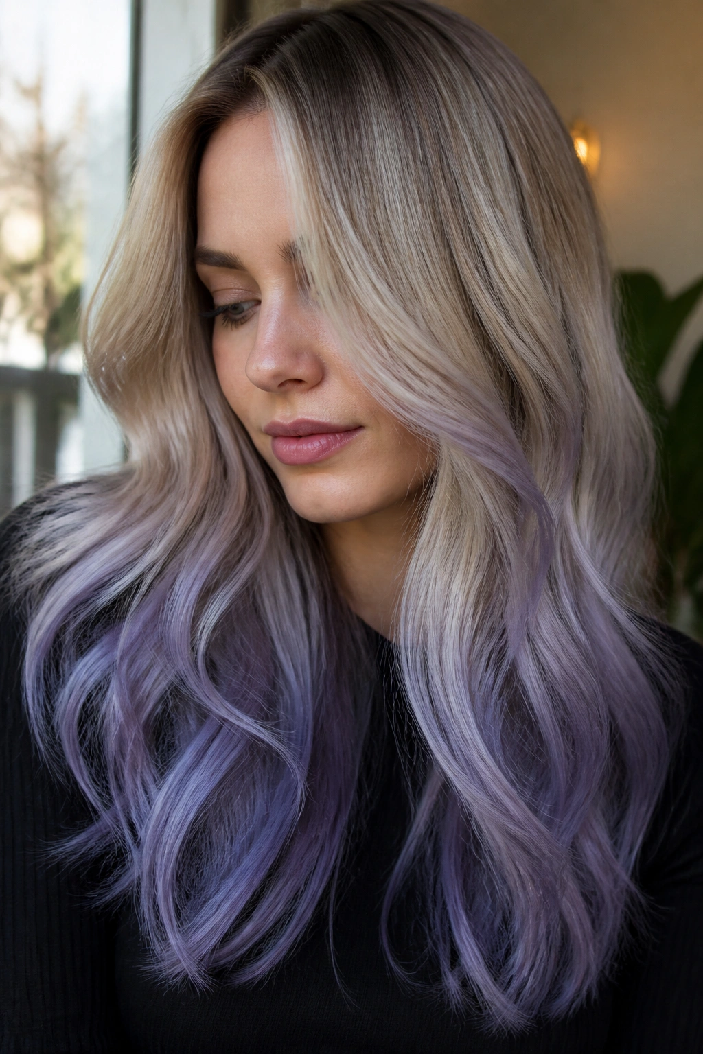 Close-up portrait of a real woman with ash blonde balayage and a periwinkle melt on long layered hair