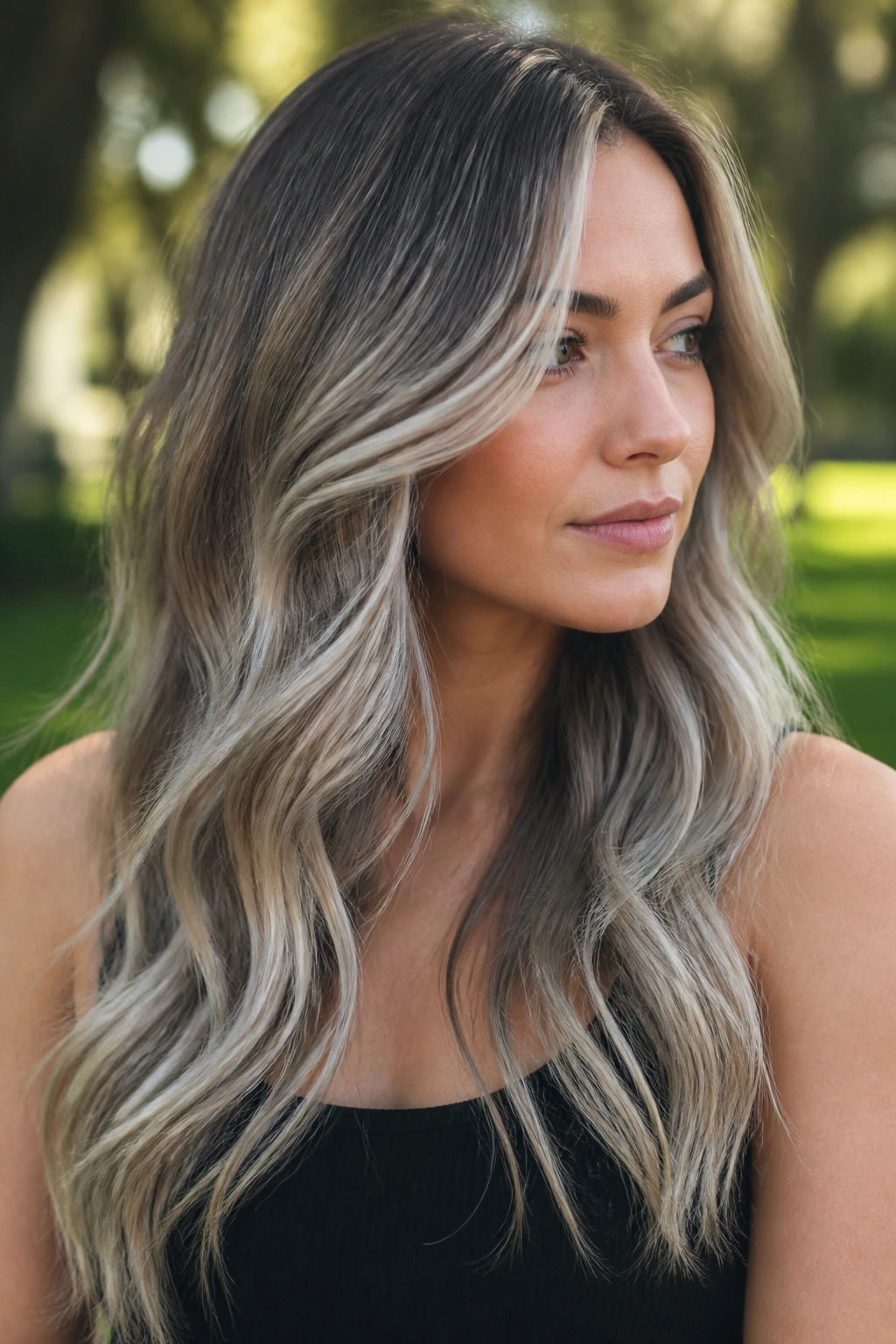 Portrait of woman with cool balayage ribbons in loose waves
