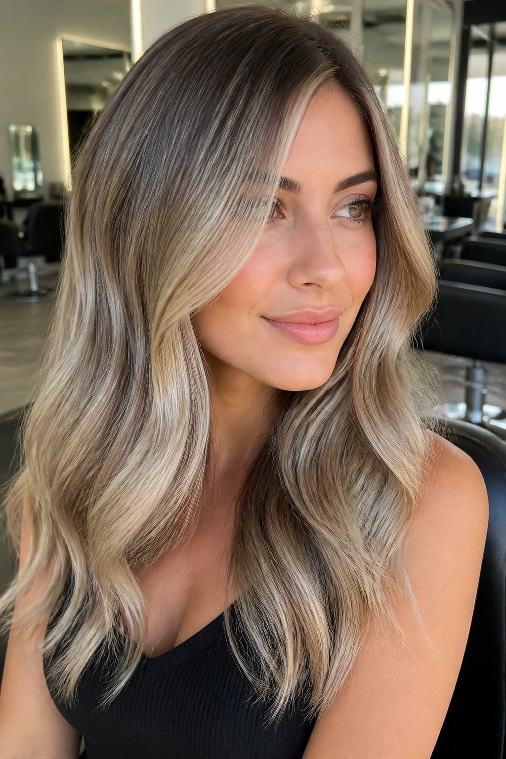 Close-up portrait of a woman with ash blonde balayage and shadow root.
