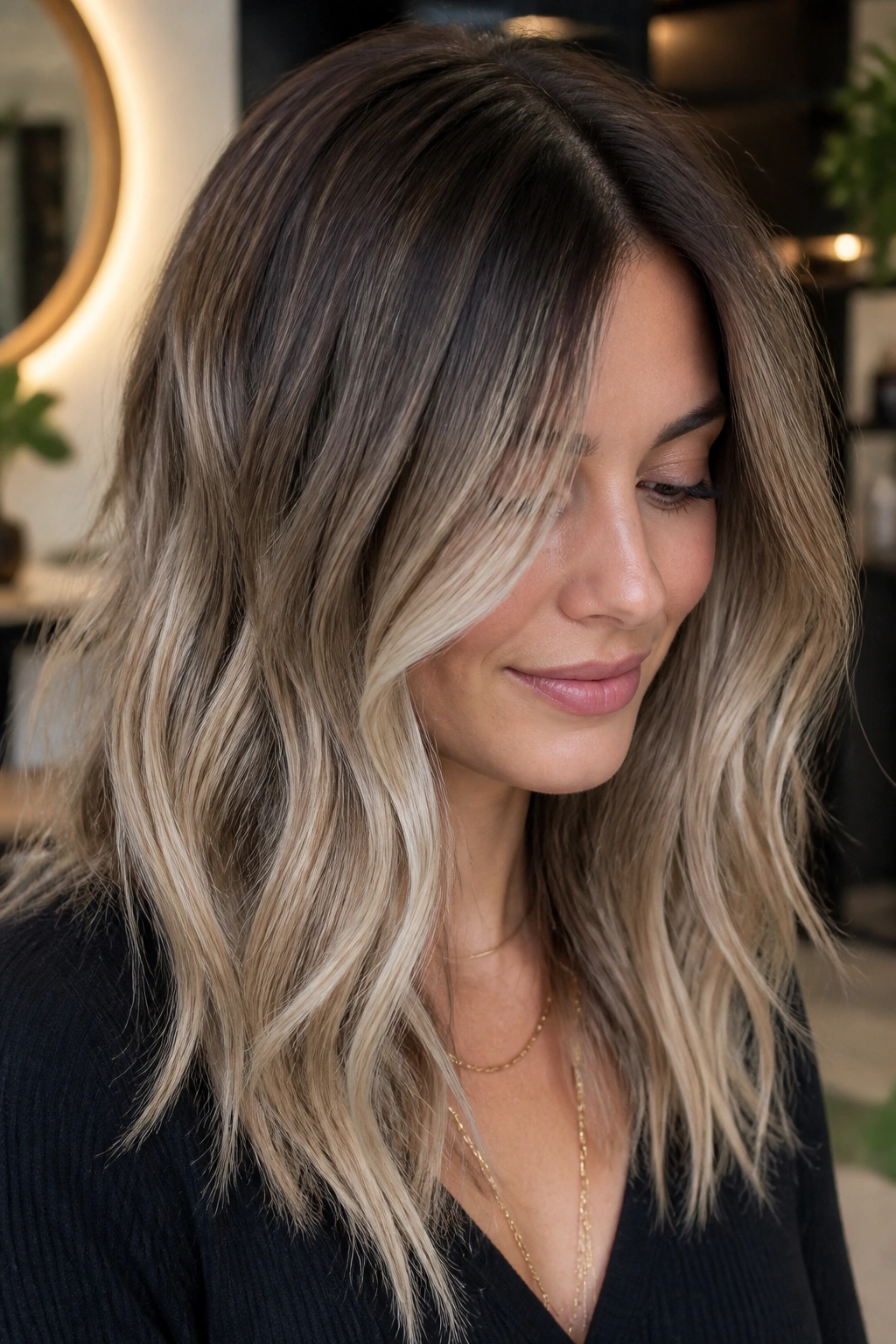 Portrait of woman with ash blonde balayage and shadow root on brunette base.