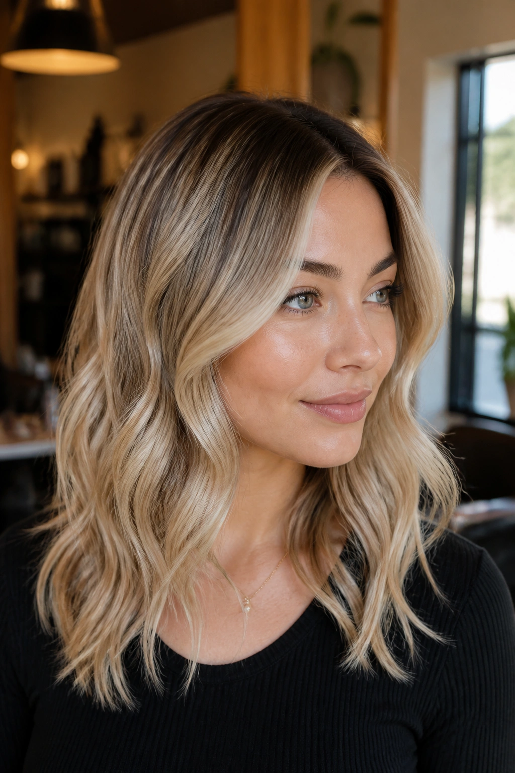 Close-up of a real woman with ash blonde balayage and a soft shadow root.