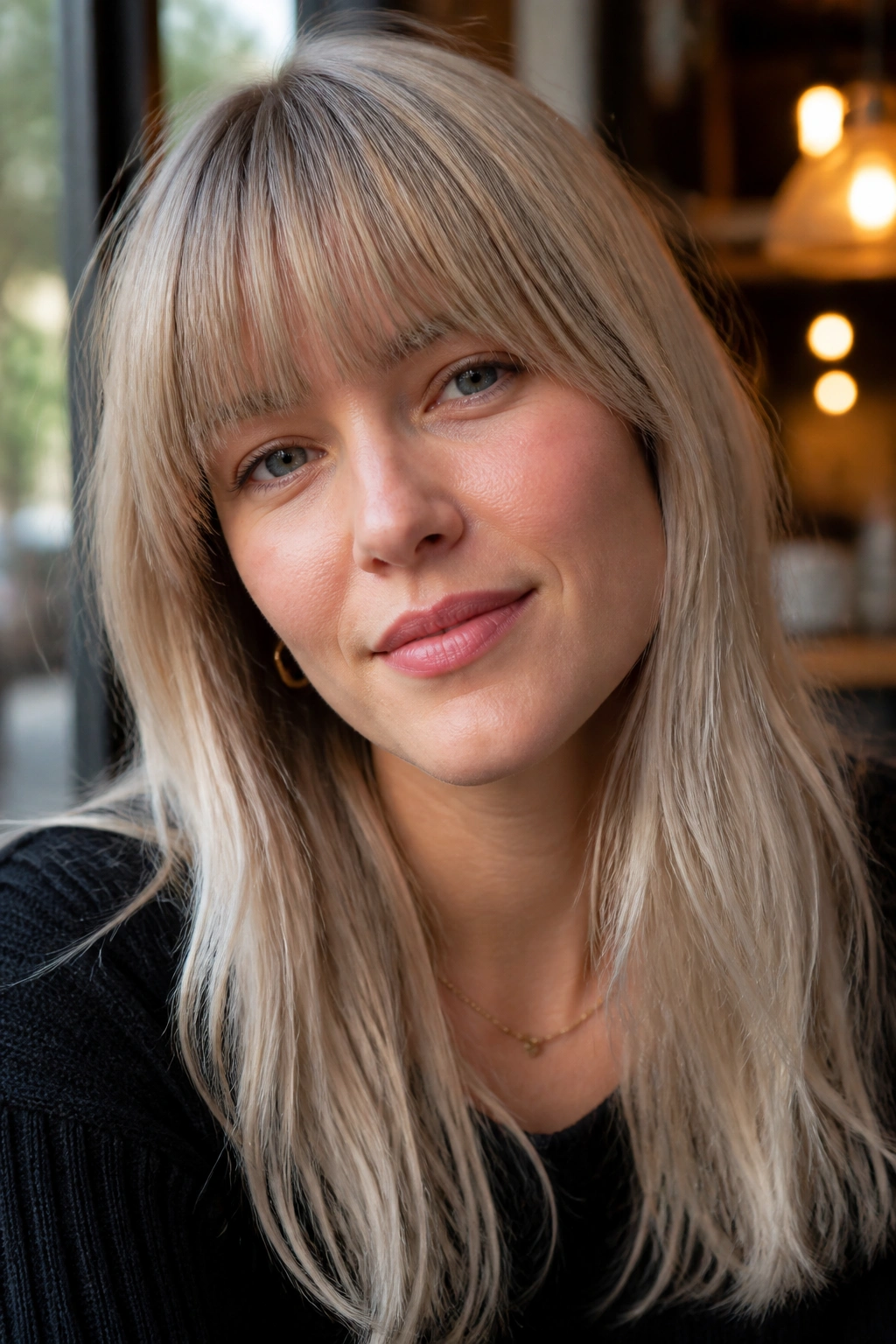 Close-up of a real woman with ash-blonde eye-skimming bangs and a clean edge