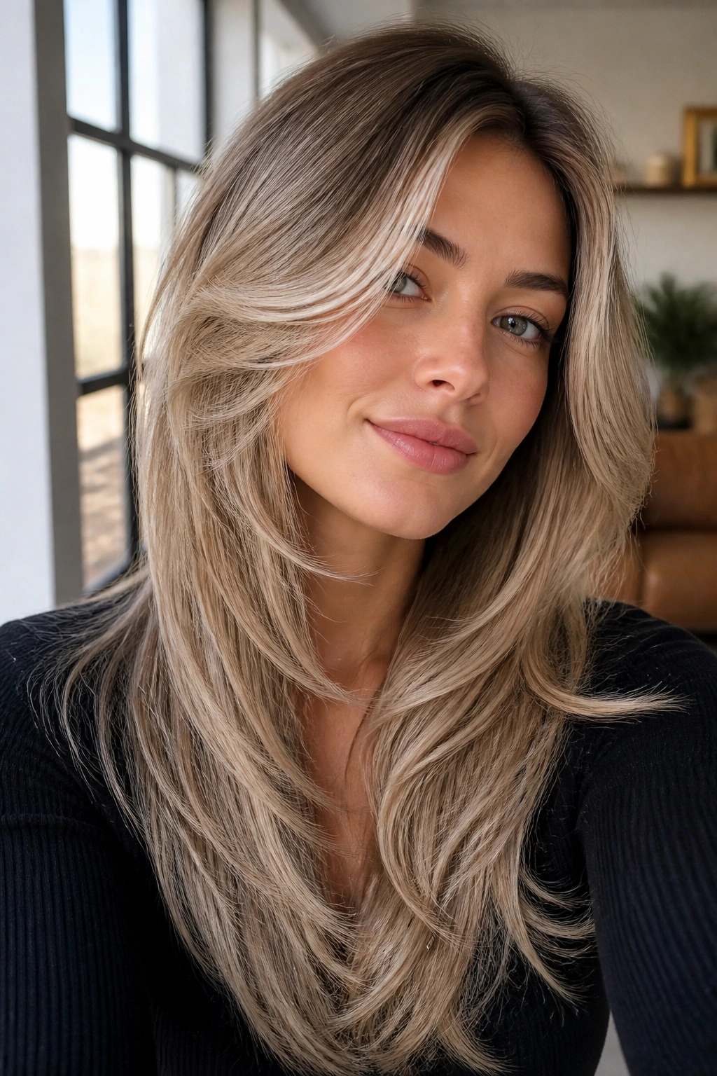 Portrait of woman with ash blonde butterfly layers