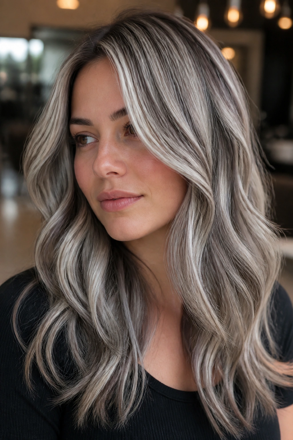 Real woman with ash blonde dimensional color and charcoal lowlights.