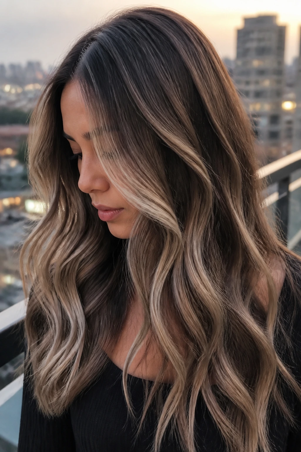 Close-up of a real woman with ash blonde highlights on chocolate base