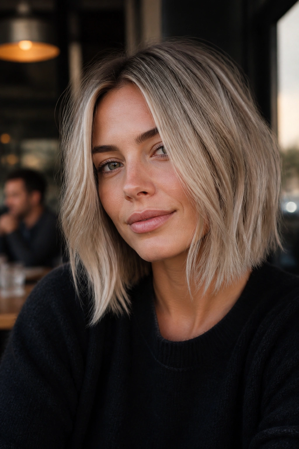 Real woman with ash blonde choppy lob
