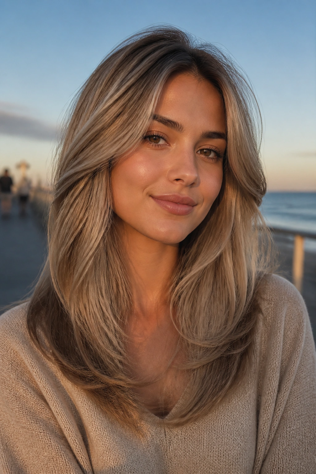 Real woman with cool sand ash blonde U-shaped layers on a seaside boardwalk.