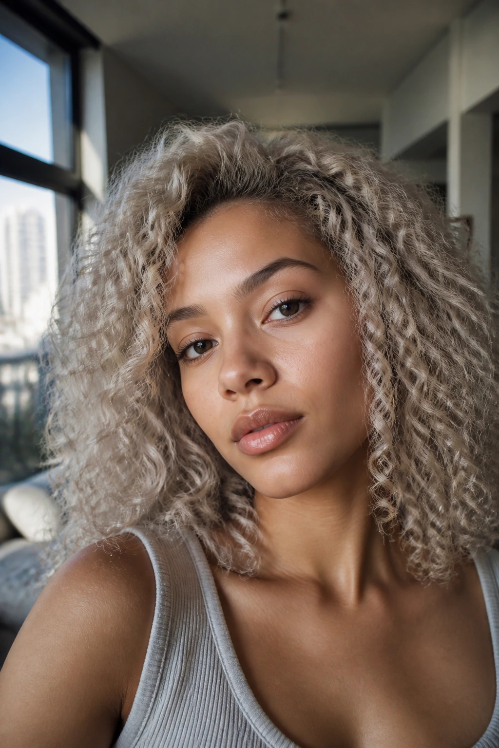 Close-up portrait of a person with cool-toned ash blonde hair in cool daylight.