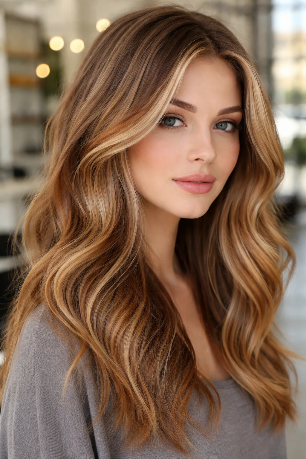 Close up of a real person with ash blonde base and copper balayage ribbons.