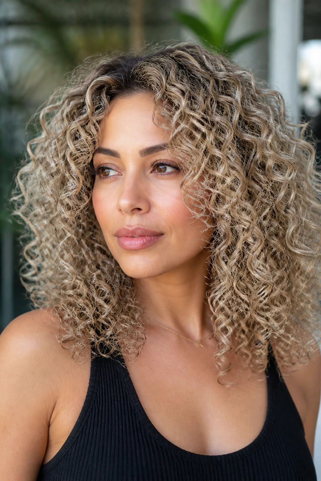 Close-up of a real woman with ash blonde curly hair