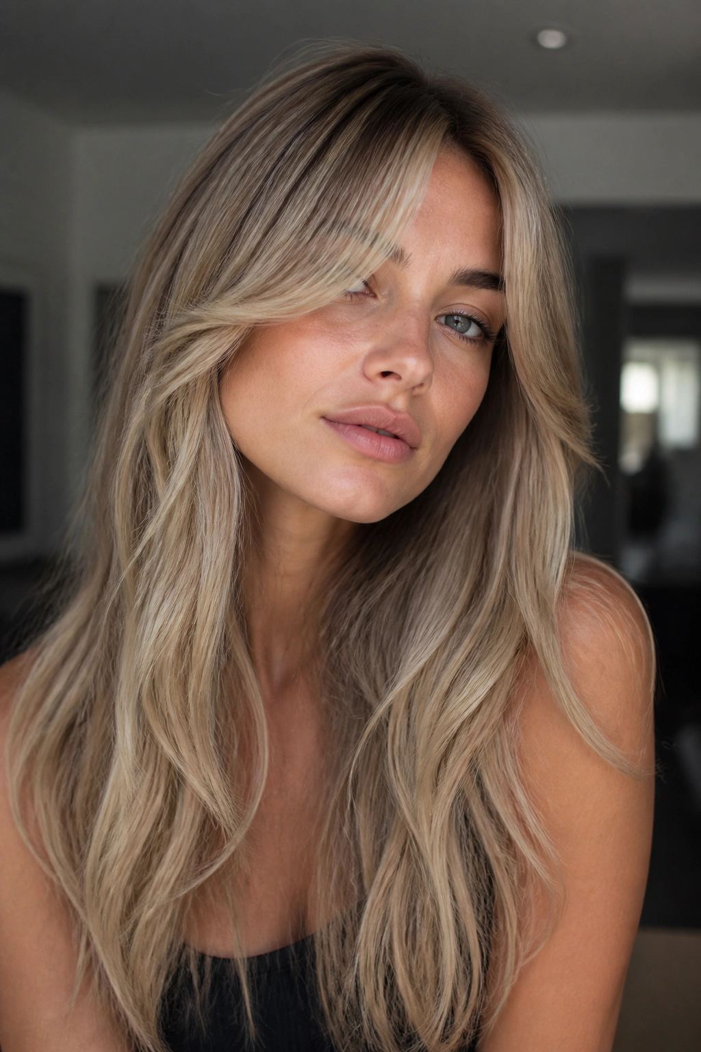 Real person with curtain bangs and ash blonde ombre