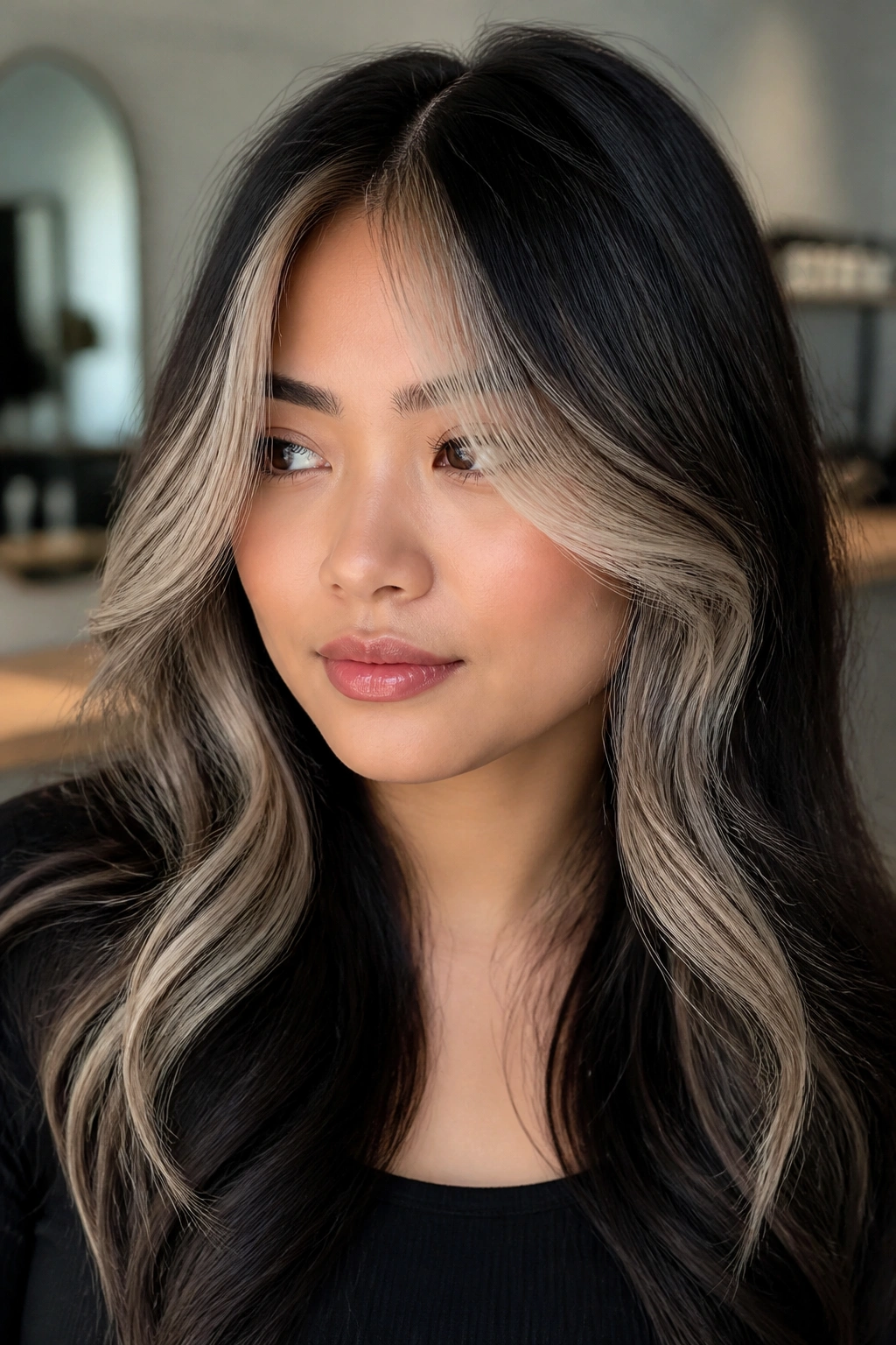 Close-up of a real woman with ash-blonde curtain pieces framing the face.
