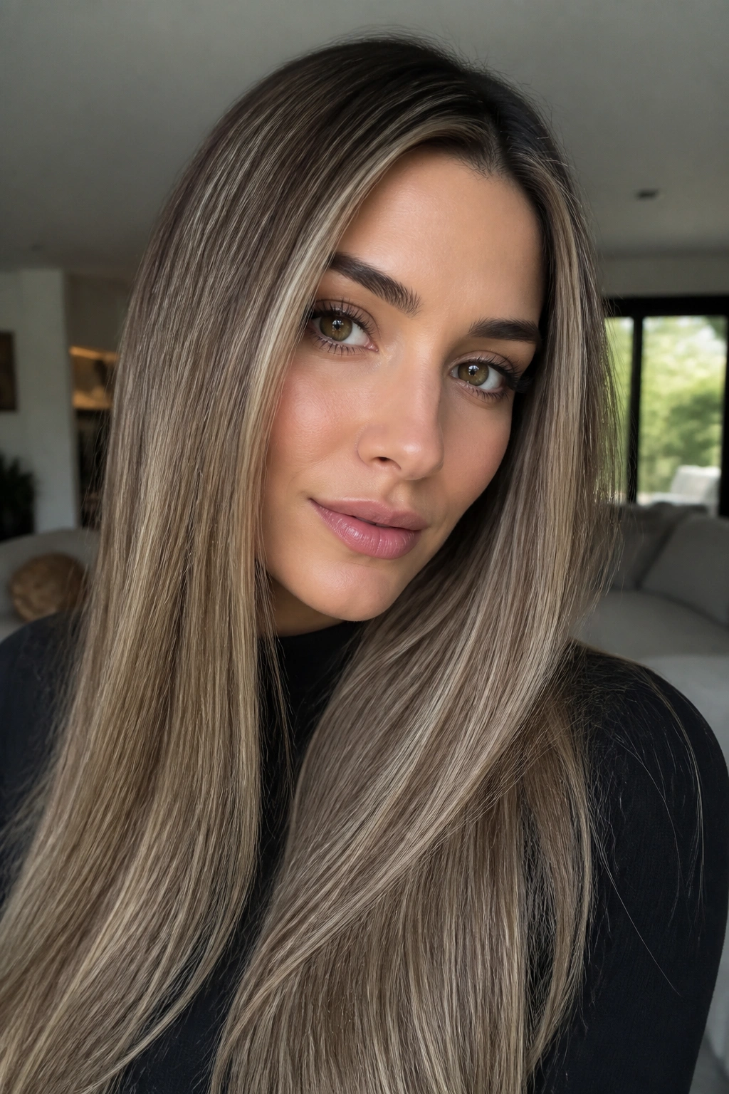 Close-up of a real woman with ash blonde dimension on brown hair.