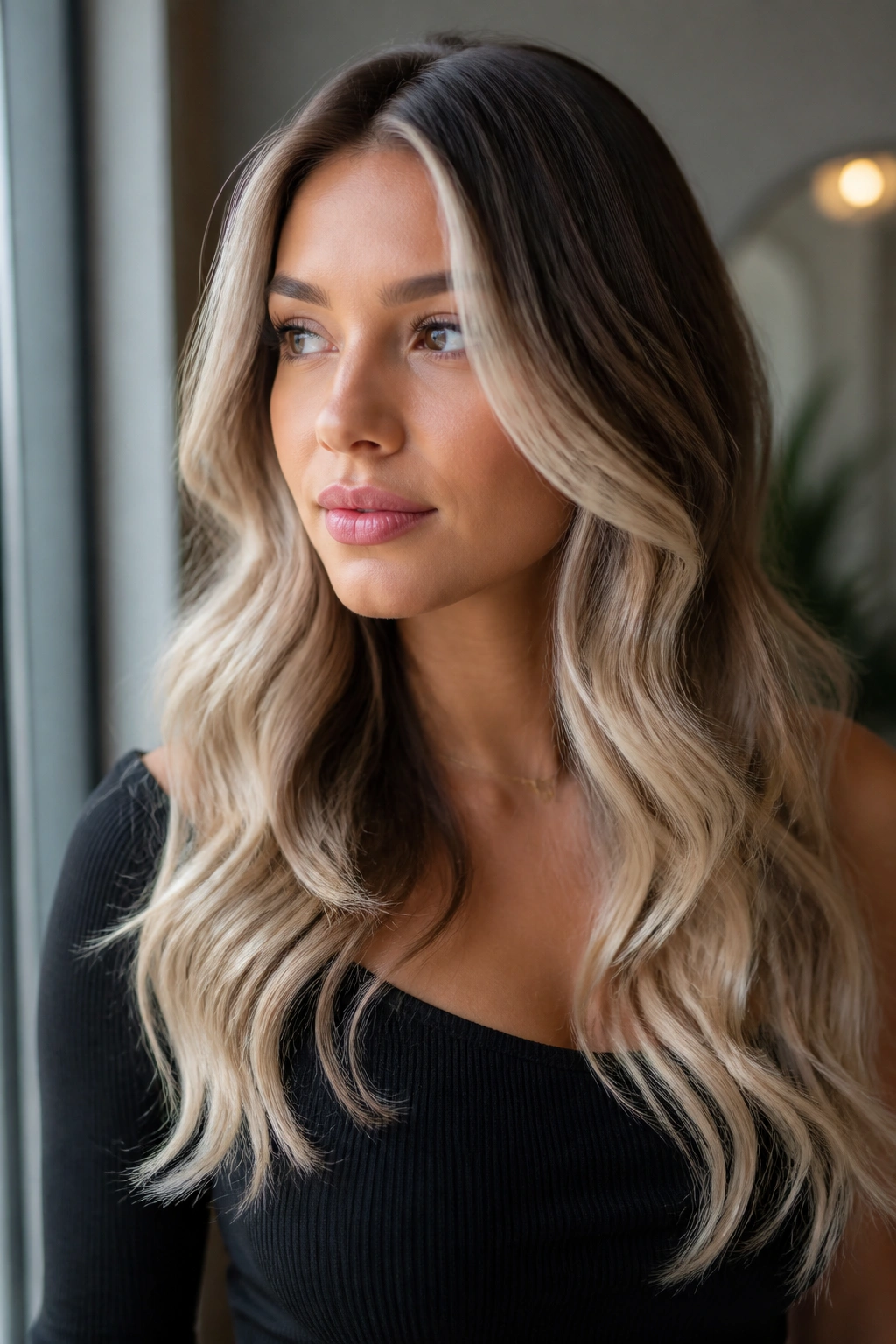 Close-up of woman showing face-framing ash blonde ends