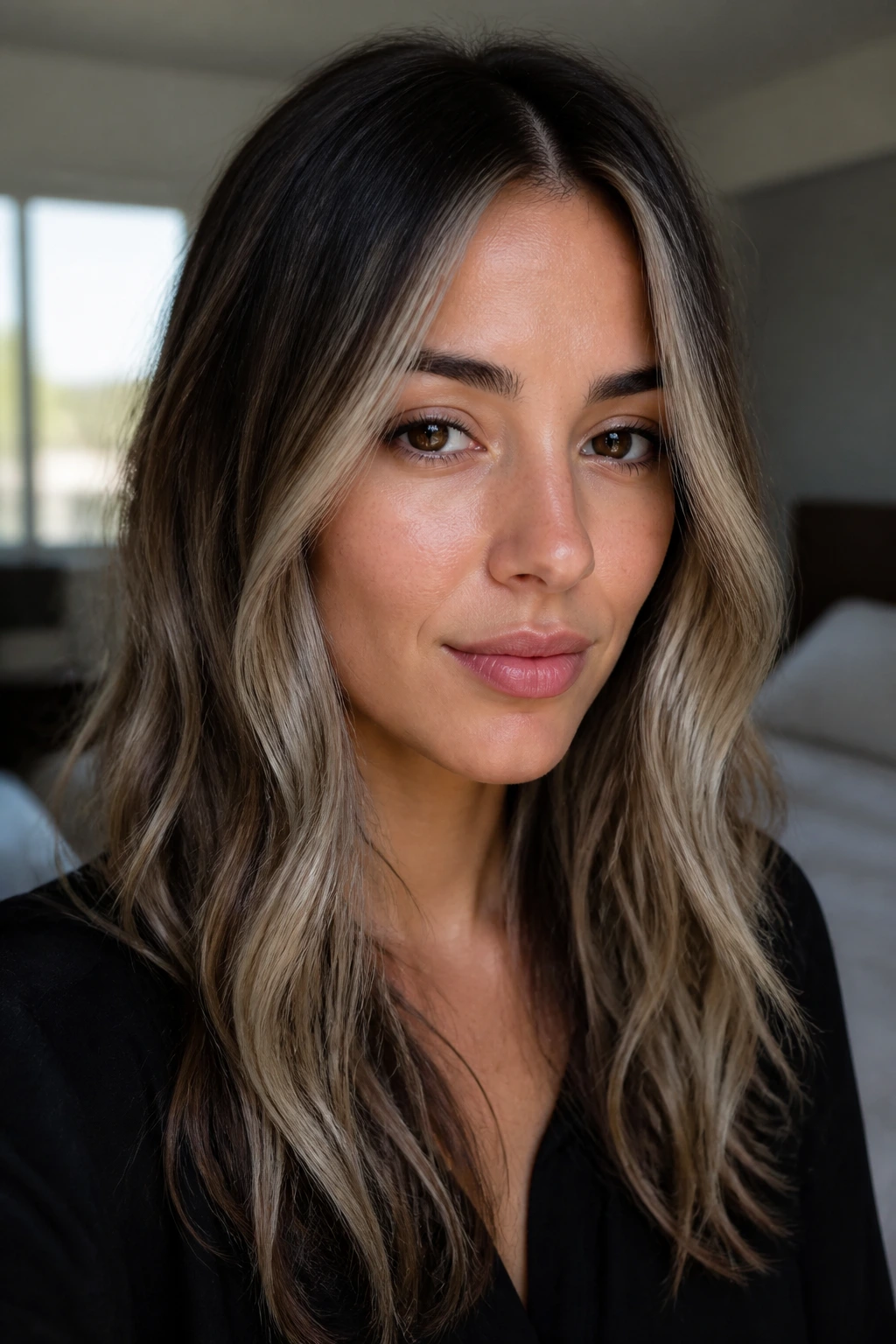 Close-up portrait of Subtle Face-Framing Ash Blonde with light front pieces and dark roots around the face