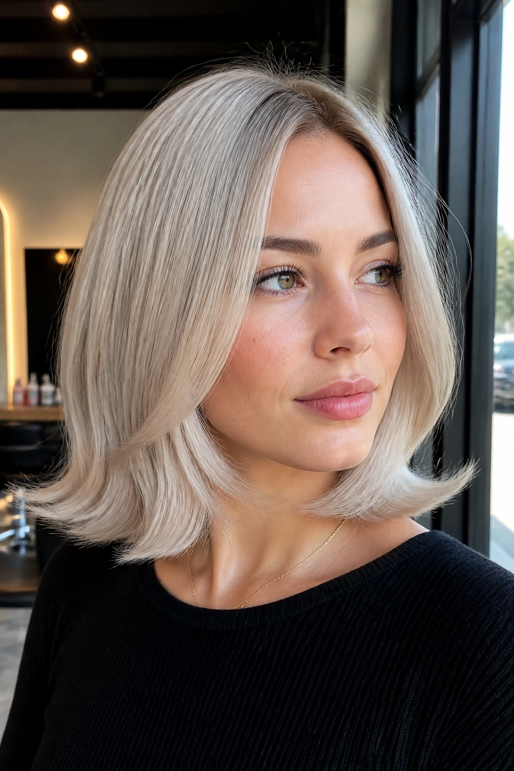 Close-up portrait of a real woman with ice-glazed ash blonde hair and flipped ends, hair framing the chin in a salon setting.
