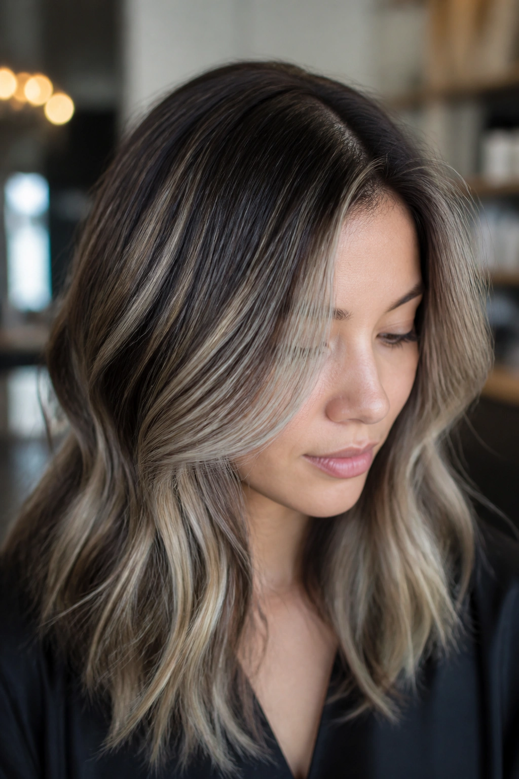 Real person with ash-blonde foils in brunette hair for a cooler look.