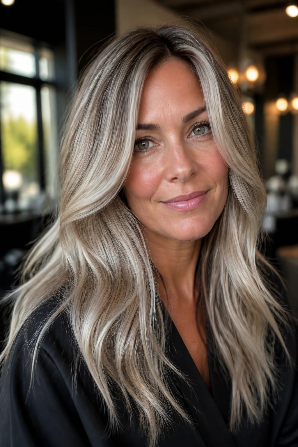 Portrait of a woman with multi-dimensional ash blonde hair showing pale ash, beige ash, and silver ribbons