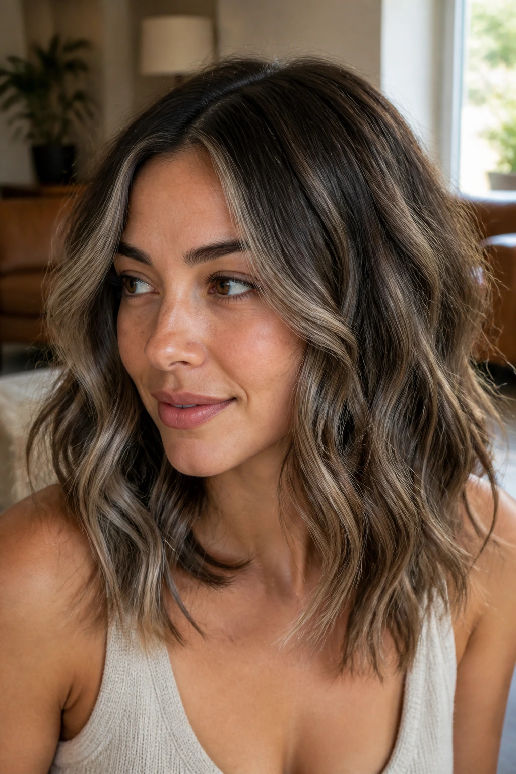 Close-up of wavy brown hair with ash blonde foliage highlights on a real person, lit by natural daylight