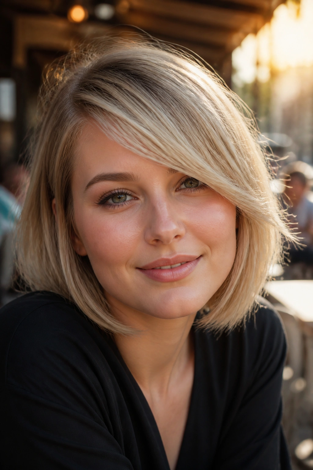Close-up portrait of a woman with ash blonde sweeping fringe.